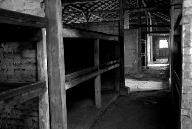 Baraque du camp des femmes de Birkenau B I.  Coya sur trois niveaux. [Photo Marco Tchamp, mars 2011].