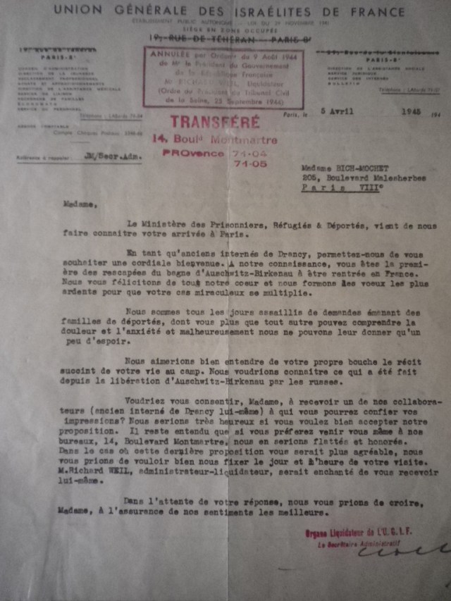 Lettre du 5 avril 1945. Demande auprès de Sophie Bich dit Mochet de l'organe liquidateur de l'UGIF. Sous la pression évidente des proches de ceux qui sont partis dans les convois de Drancy, on lui demande des informations sur ce camp dont les gens commence à entendre parler pour la première fois : Auschwitz-Birkenau.